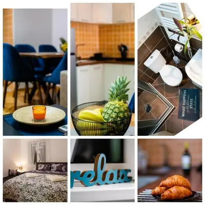 a collage of different pictures of a kitchen and a kitchen at Godimento Vrnjačka Banja in Vrnjačka Banja