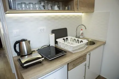 a kitchen with a sink and a counter top at Dvori Sky View E14 Kopaonik - free private parking in Kopaonik