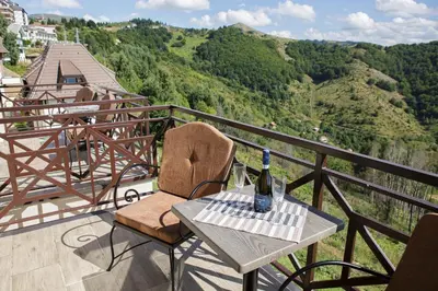 a bottle of wine sitting on a table on a balcony at Dvori Sky View E14 Kopaonik - free private parking in Kopaonik