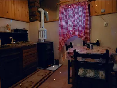a kitchen with a stove and a table with a tableablish at Radetov konak in Ðunis