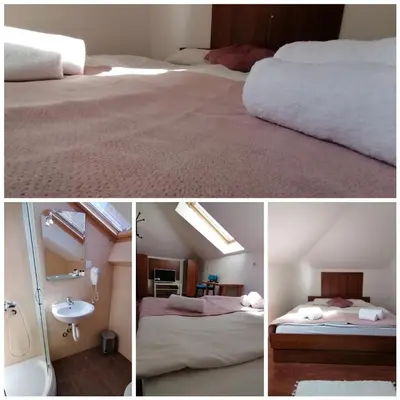 a collage of three pictures of a bedroom with a bed and a sink at MON Accommodation free parking in Niš