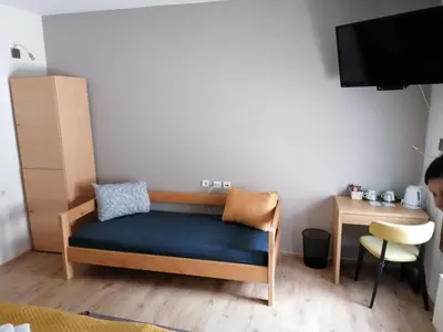 a small room with a bed and a desk at MON Accommodation free parking in Niš