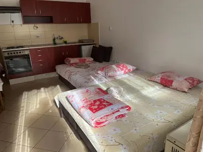 a kitchen with two twin beds in a room at Mladenović smeštaj in Soko Banja