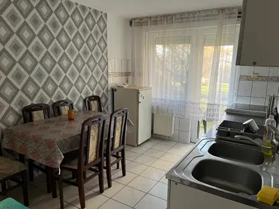 a kitchen with a table with chairs and a sink at Smestaj Miki in Soko Banja