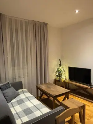 a living room with a couch and a christmas tree at BRZECE SKI GONDOLA & FREE PARKING apartment in Kopaonik