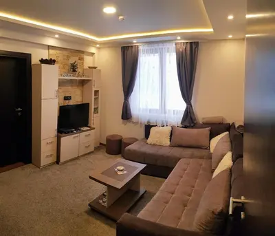 a living room with a couch and a tv at WELLKOP Apartman Kopaonik in Kopaonik