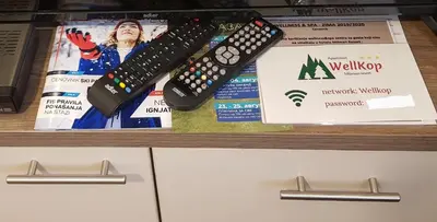 two remote controls sitting on top of a box at WELLKOP Apartman Kopaonik in Kopaonik