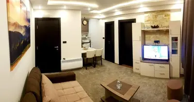 a living room with a couch and a tv at WELLKOP Apartman Kopaonik in Kopaonik