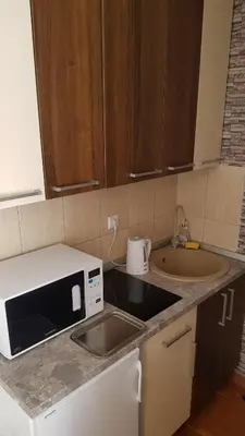a small kitchen with a sink and a microwave at Čar30 Kraljevi čardaci in Kopaonik