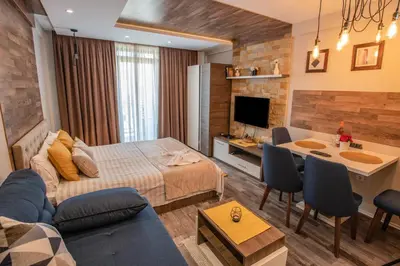 a hotel room with a bed and a living room at DeltaLux apartmani Milmari Kopaonik in Kopaonik