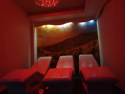 a room with red seats and a painting of a mountain at Milmari Premier40 in Kopaonik