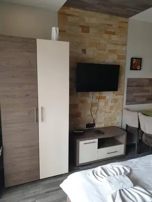 a bedroom with a bed and a tv on a brick wall at Milmari Premier05 in Kopaonik
