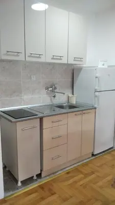 a kitchen with a sink and a refrigerator at Apartman Ristić 6 in Soko Banja