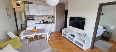 a living room with a kitchen with a table and a television at Apartman Kraljevi cardaci 5b-32 in Kopaonik