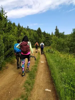 a group of people walking down a dirt road at Apartman Draškovic - Goč in Biserske Kuće