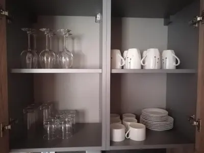 a cupboard with plates and glasses and cups and dishes at Bela Jela - Brzeće, Kopaonik in Brzeće