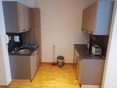 a small kitchen with wooden cabinets and a sink at Bela Jela - Brzeće, Kopaonik in Brzeće