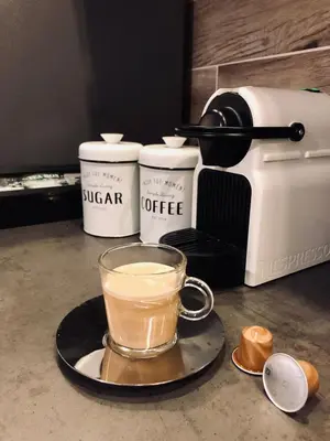 a cup of coffee on a plate next to a coffee maker at Kopaonik Milmari Apartment N95 in Kopaonik