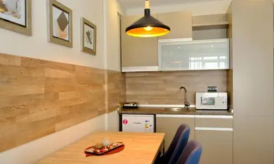 a kitchen with a table and chairs and a sink at Milmari Premier 13 in Kopaonik