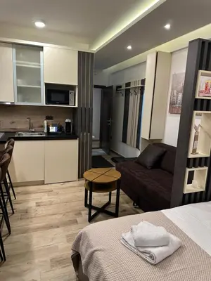 a living room with a couch and a kitchen at Apartman Šmizla N lux - Milmari Resort in Kopaonik
