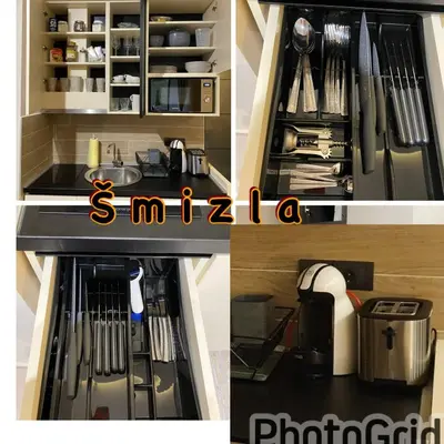 a collage of photos of a kitchen with a counter at Apartman Šmizla N lux - Milmari Resort in Kopaonik