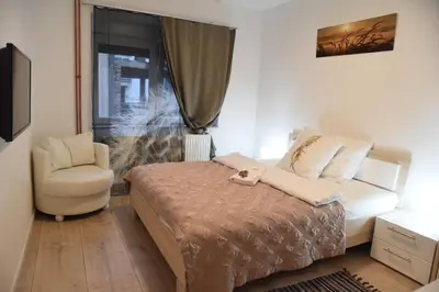 a bedroom with a bed and a chair and a window at CIRIĆ APARTMANI in Vrnjačka Banja