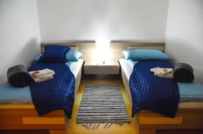 a bedroom with two beds with blue pillows and a rug at CIRIĆ APARTMANI in Vrnjačka Banja
