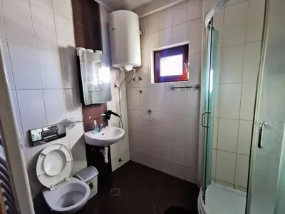 a bathroom with a toilet and a sink and a shower at Jolly Kop - Apartman 4 in Kopaonik