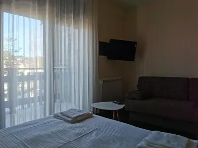 a bedroom with a bed and a couch and a window at Jolly Kop - Apartman 4 in Kopaonik