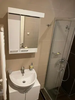 a bathroom with a sink and a shower at MBC - Zupa Wellness & Spa, Kopaonik, Serbia in Kopaonik