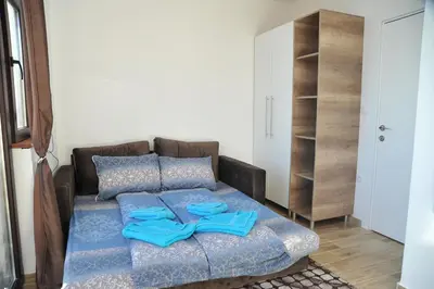 a living room with a couch with blue pillows at Apartmani Krstojević Kopaonik in Kopaonik