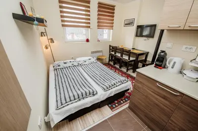 a small room with a bed and a table at Apartman No.32a-JollyKop in Kopaonik