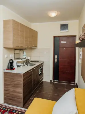 a small kitchen with a sink and a door at Apartman No.32a-JollyKop in Kopaonik