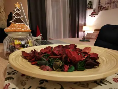 a plate of food on a table with a christmas tree at Apartman MOUNTAIN VIEW Milmari Resort in Kopaonik
