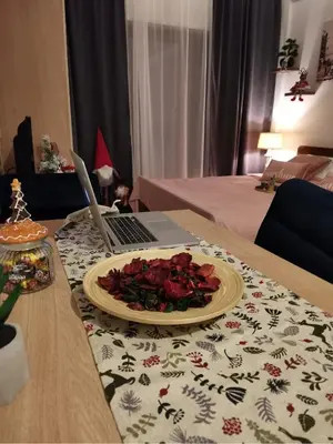 a plate of roses on a table with a laptop at Apartman MOUNTAIN VIEW Milmari Resort in Kopaonik