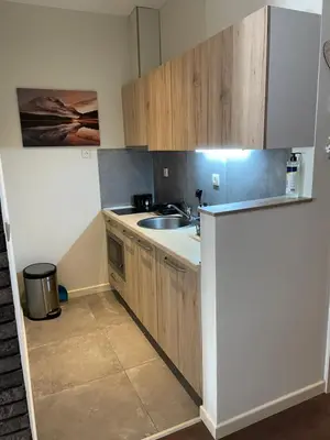 a kitchen with wooden cabinets and a sink at Lola Apartment - Župa, Kopaonik in Kopaonik