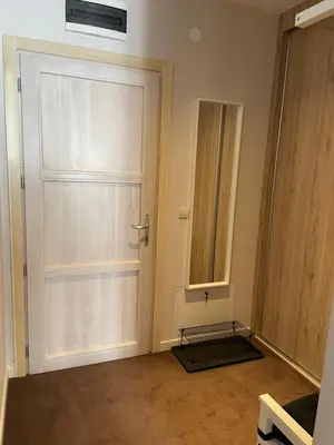 a room with a white door and a mirror at Lola Apartment - Župa, Kopaonik in Kopaonik