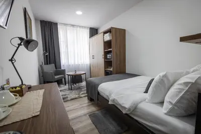 a hotel room with a bed and a desk and a chair at Vila Greta by Hotel Ramonda in Rtanj