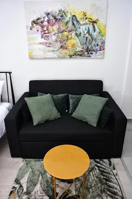 a black couch in a living room with a painting on the wall at Milmari ApartmanVid N57 in Kopaonik