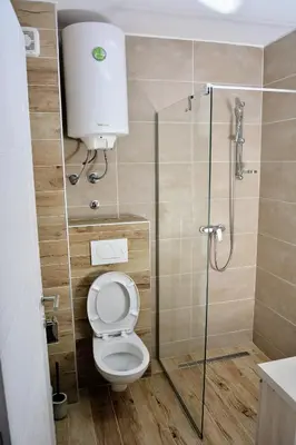 a bathroom with a toilet and a glass shower stall at Milmari ApartmanVid N57 in Kopaonik