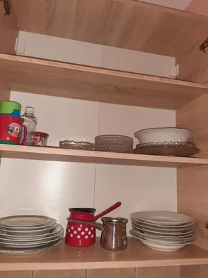 a kitchen shelf with plates and dishes on it at Anka in Jagodina