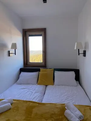 a bed with two pillows and a window in a room at Apartman Sky View, Župa Wellness & Spa u Centru Kopaonika in Kopaonik