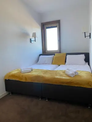 a large bed in a room with a window at Apartman Sky View, Župa Wellness & Spa u Centru Kopaonika in Kopaonik