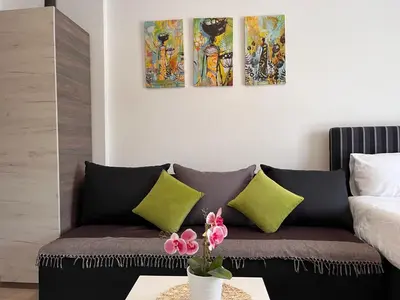 a living room with a couch and three paintings on the wall at Milmari P74, Quest apartmani, Kopaonik in Kopaonik