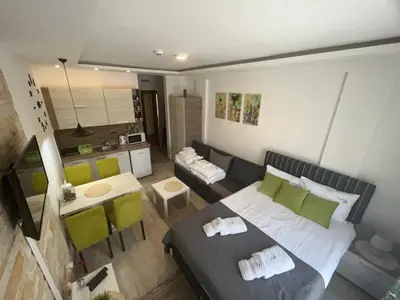 a small bedroom with a bed and a kitchen at Milmari P74, Quest apartmani, Kopaonik in Kopaonik