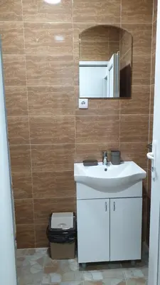 a bathroom with a sink and a mirror and a toilet at Vila Suzana in Vrnjačka Banja