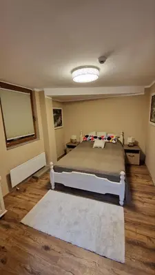 a bedroom with a large bed with a rug at Ski House in Kopaonik