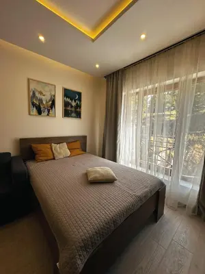 a bedroom with a bed and a large window at Milmari N 79 in Kopaonik