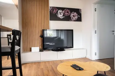 a television sitting on a white cabinet in a living room at Mountain Chalet Kopaonik in Kopaonik