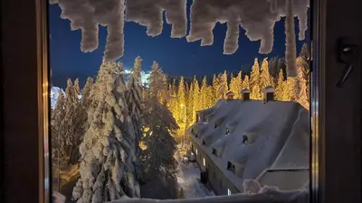 a window with a view of a snow covered forest at Apartman Gvozdac, Župa - Kopaonik in Kopaonik